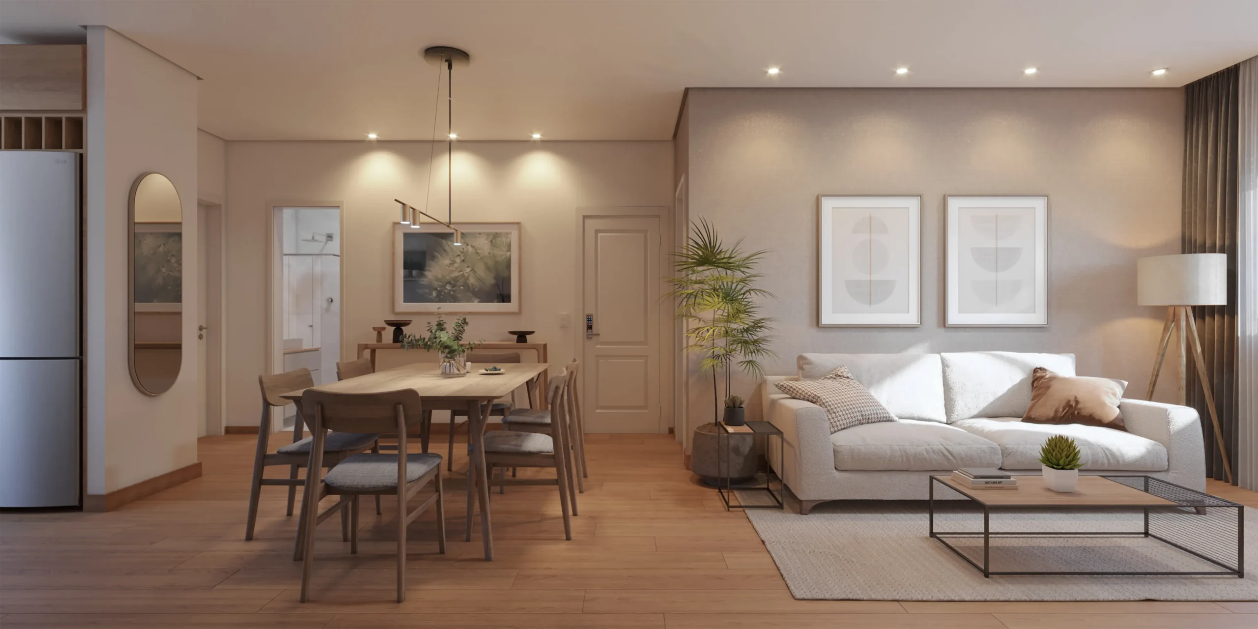 Bright living and dining room with modern minimalist decor at Piloto Residences 4 apartments in Barreiro, Portugal