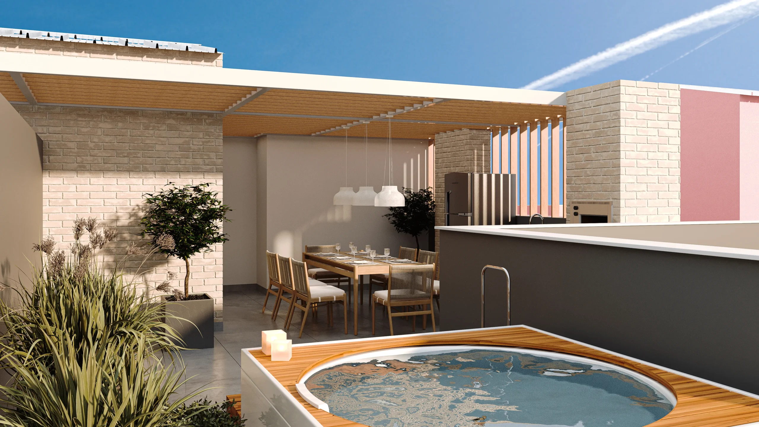 Private rooftop terrace with jacuzzi, outdoor dining area and modern pergola at Piloto Residences 4 in Barreiro, Portugal