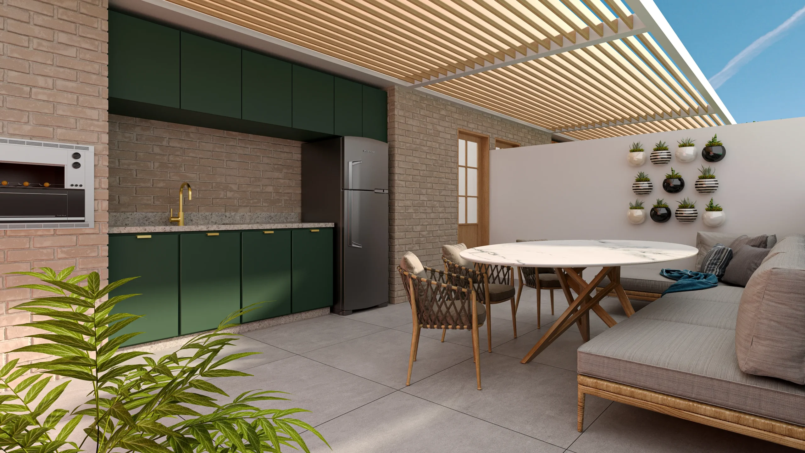 Private rooftop kitchen and dining area with cabinets, hanging plants and outdoor seating at Piloto Residences 4 in Barreiro, Portugal