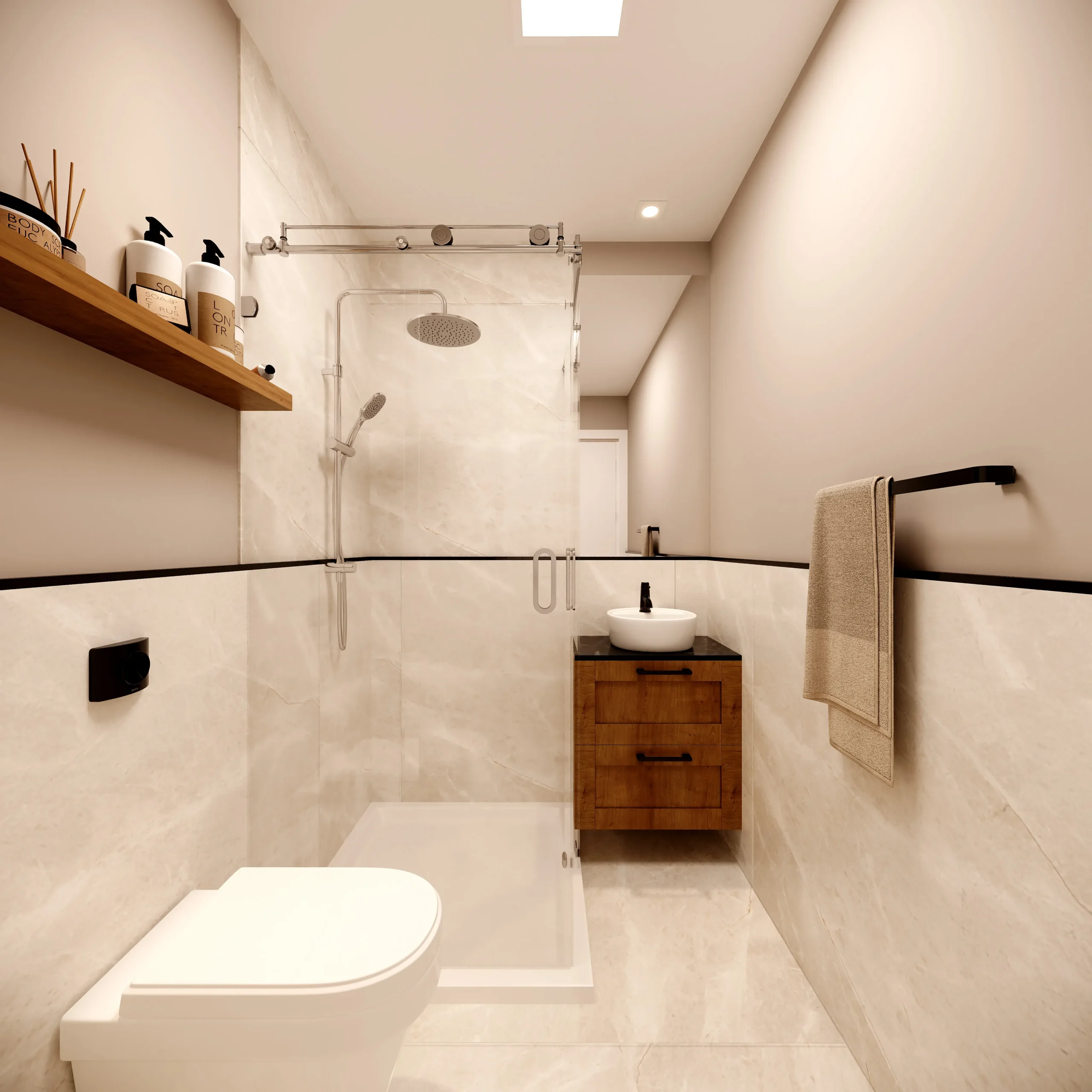 Modern bathroom with walk-in shower, wooden vanity and beige marble tiles at Piloto Residences 4 in Barreiro, Portugal