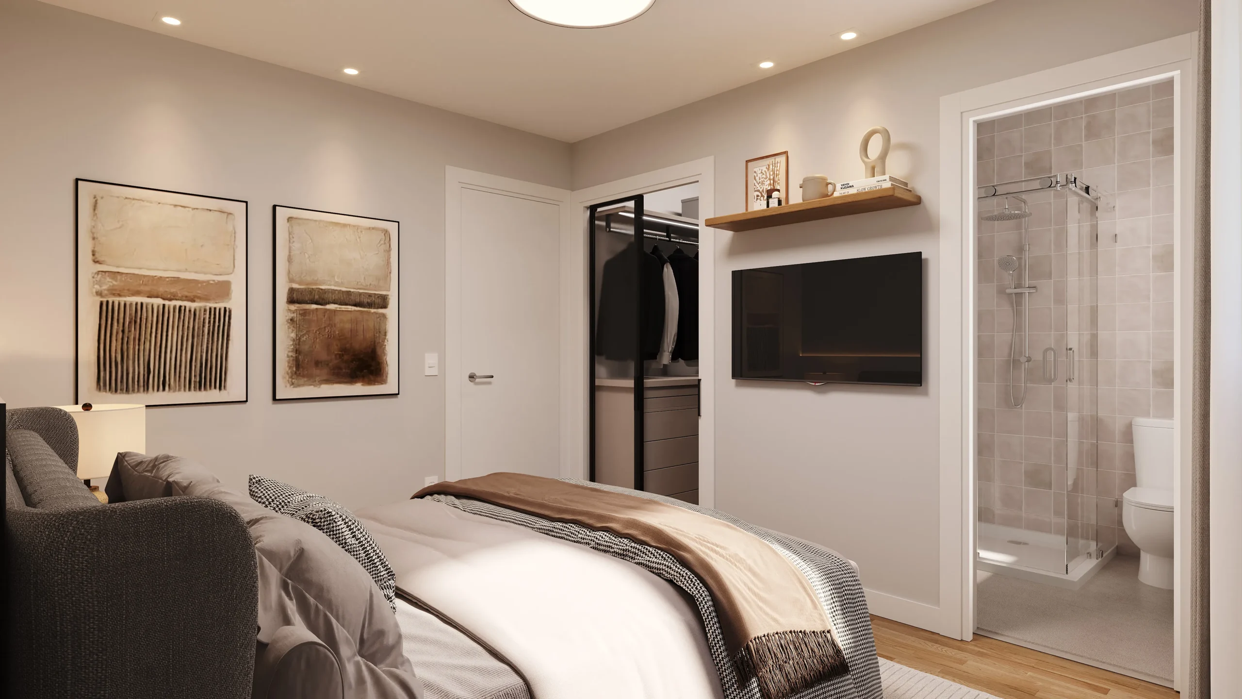 Modern bedroom with open closet and en-suite bathroom at Piloto Residences 4 in Barreiro, Portugal