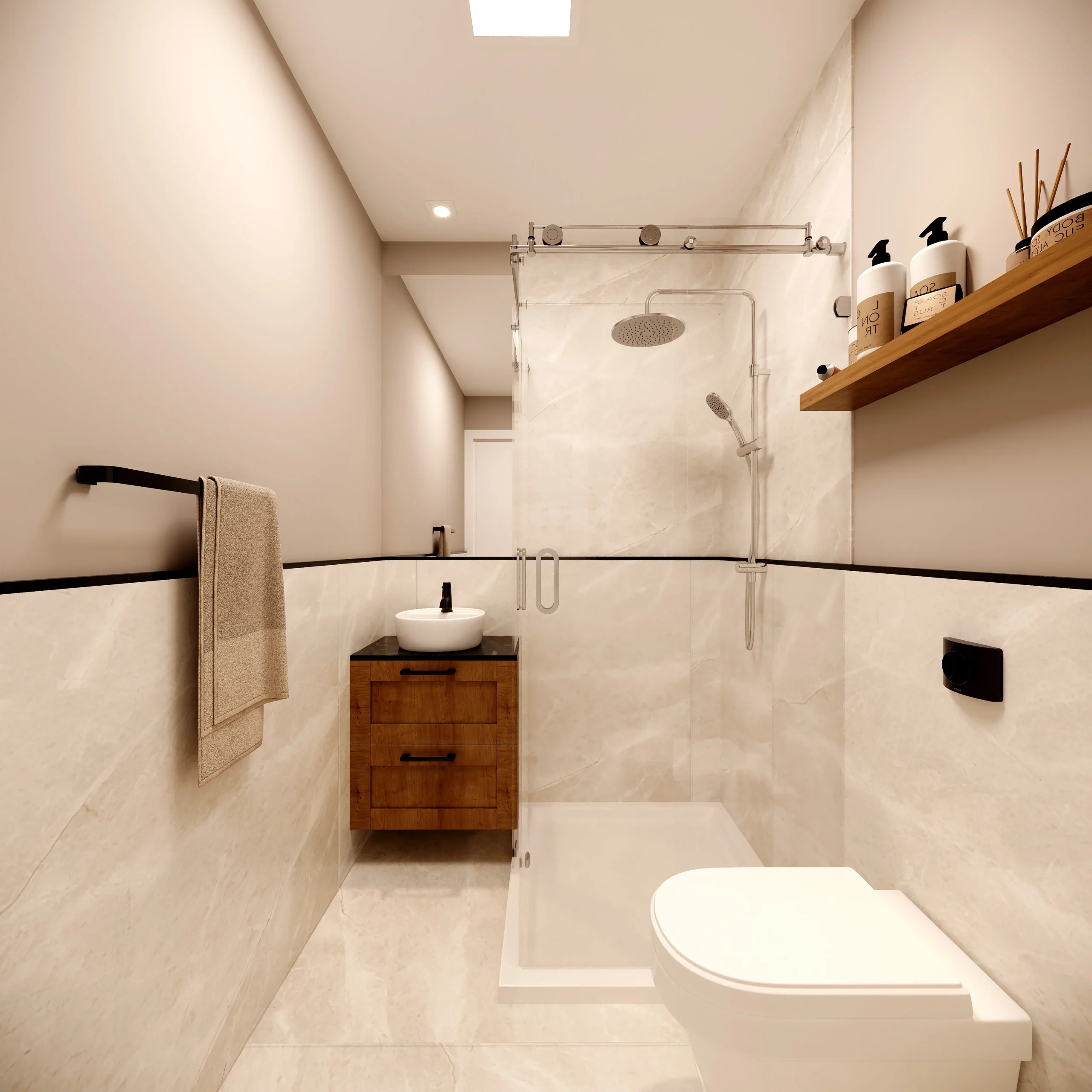 Modern bathroom with walk-in shower, wooden vanity and beige marble tiles at Piloto Residences 4 in Barreiro, Portugal