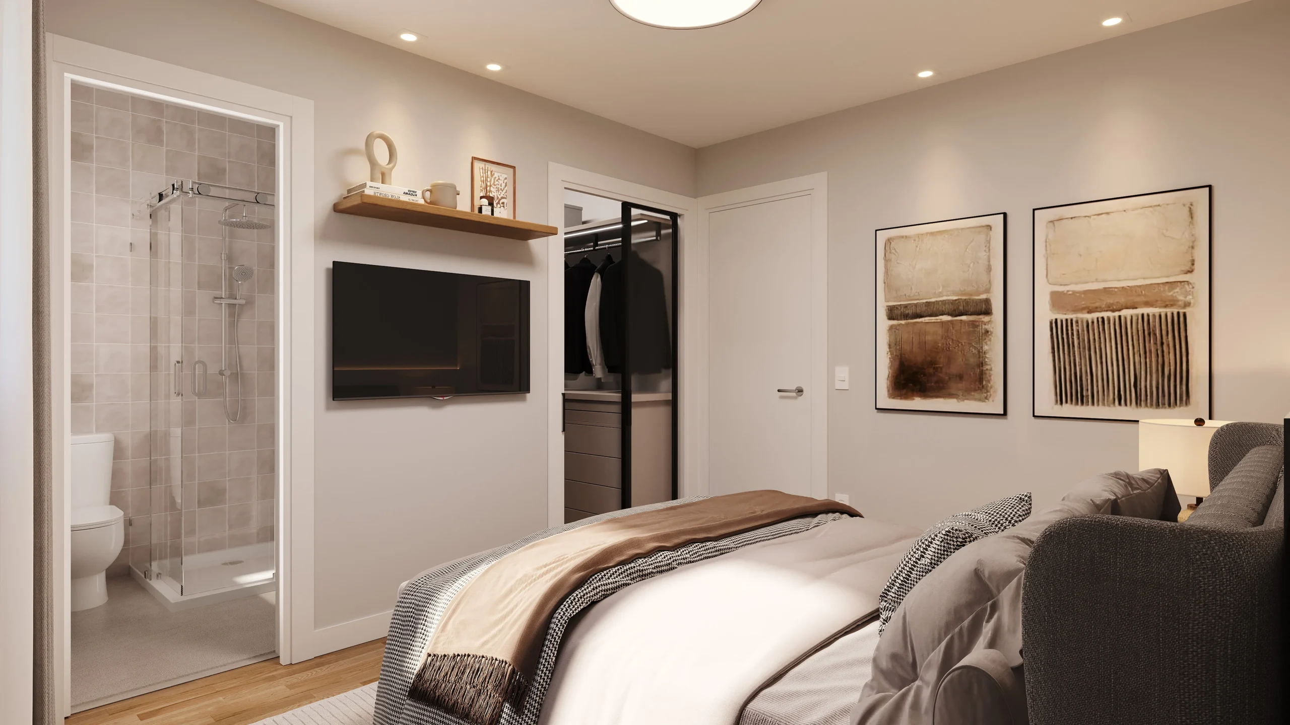 Modern bedroom with open closet and en-suite bathroom at Piloto Residences 4 in Barreiro, Portugal